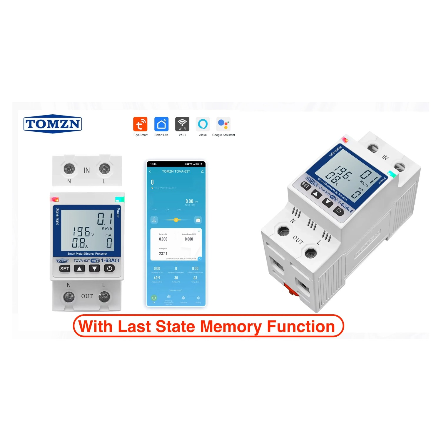 TOMZN TOVA-63T WIFI Circuit Breaker 63A Energy Meter, Timer, Voltage, Current Leakage Protection – Smartlife, TUYA App Support (White Display)