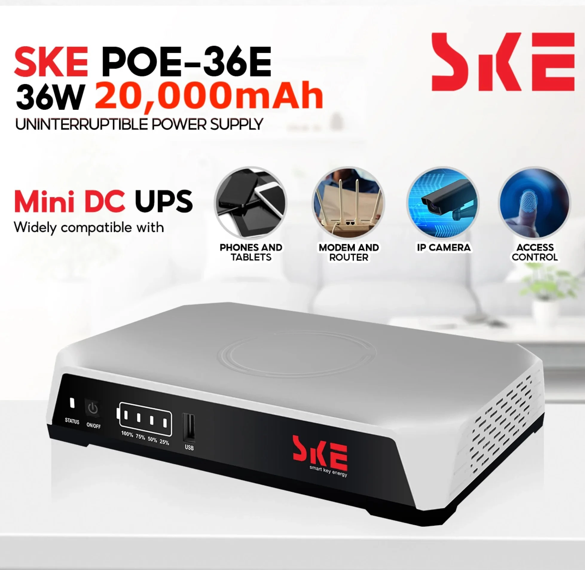 SKE POE-36E-LFP 20,000mAh Mini DC UPS 36W