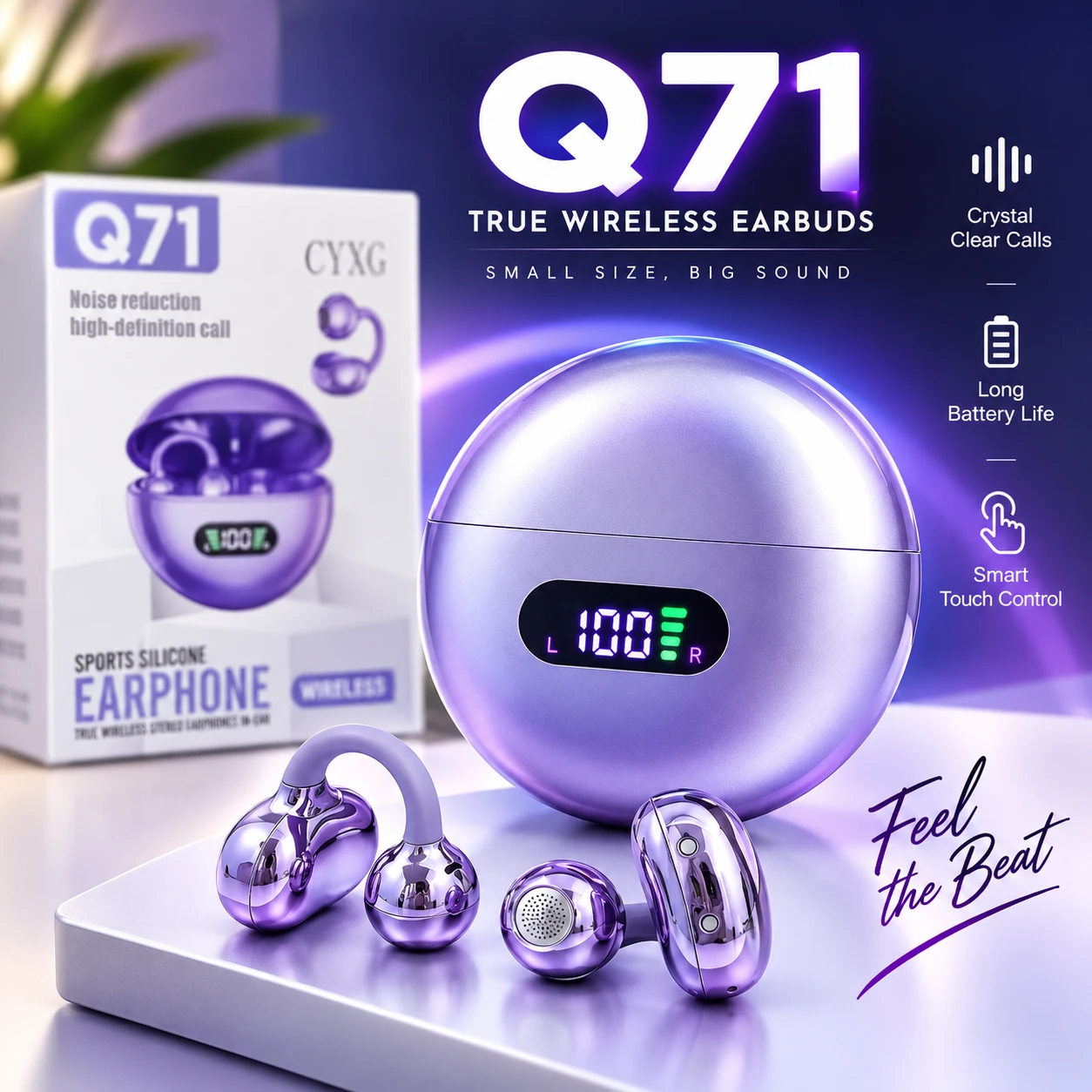 Q71 Wireless Ear Clip Earbuds with Digital Display