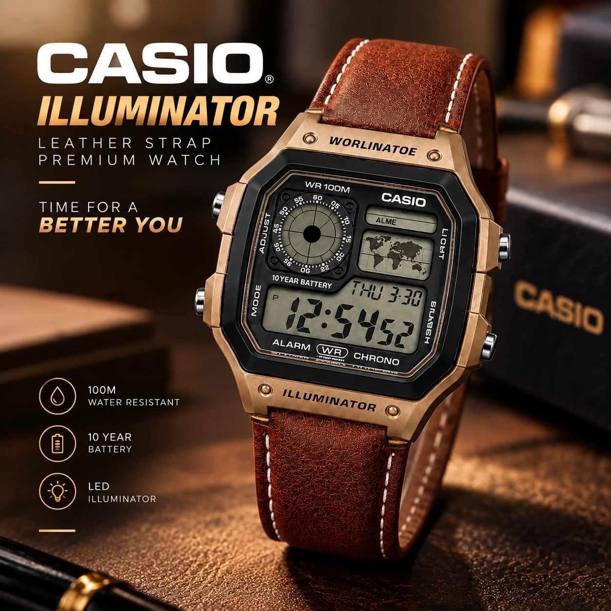 Casio Illuminator Leather Strap Watch