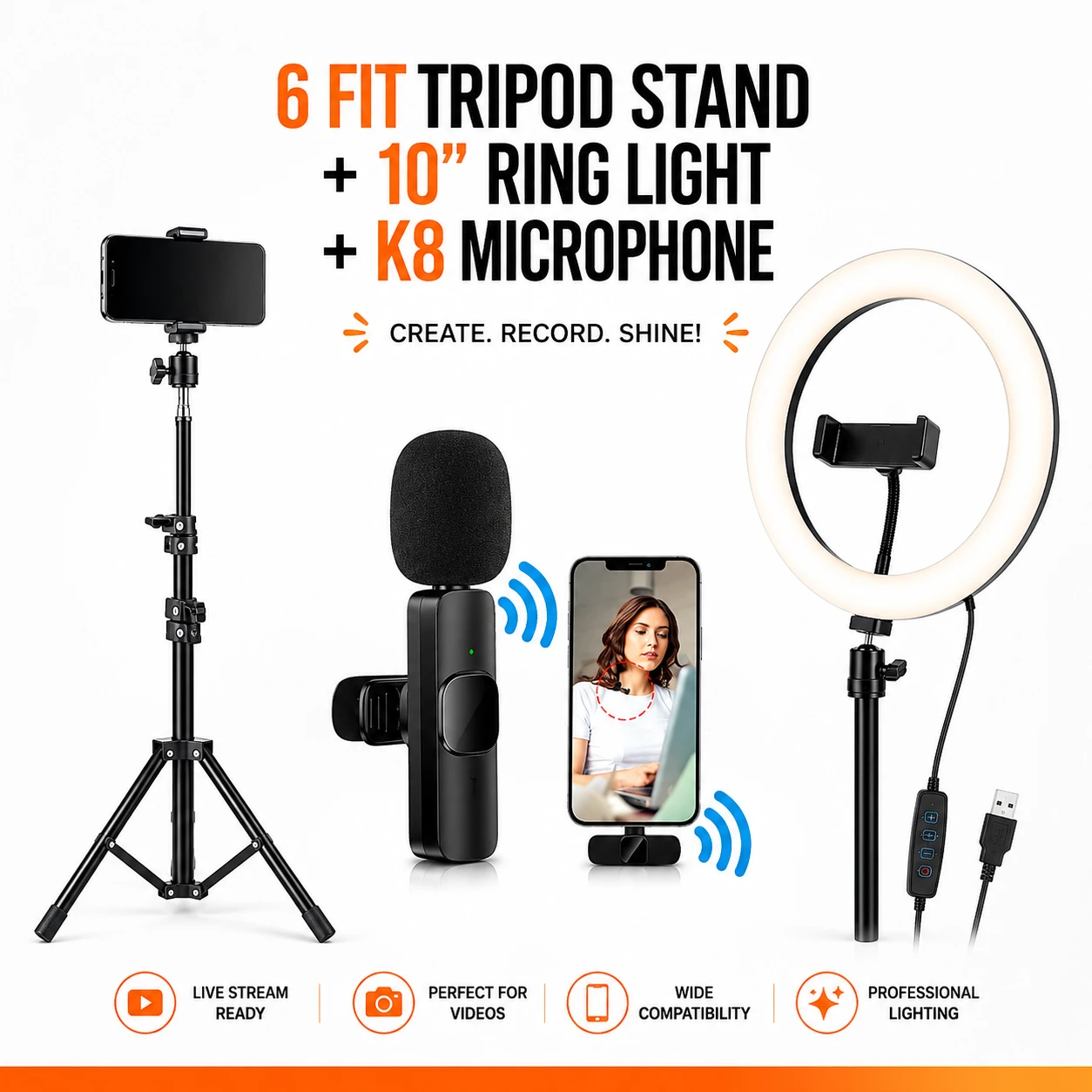 6 Ft Tripod + 10" Ring Light + K8 Wireless Mic Combo